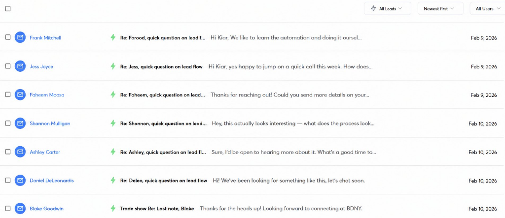 Inbox with interested replies from a live outreach campaign